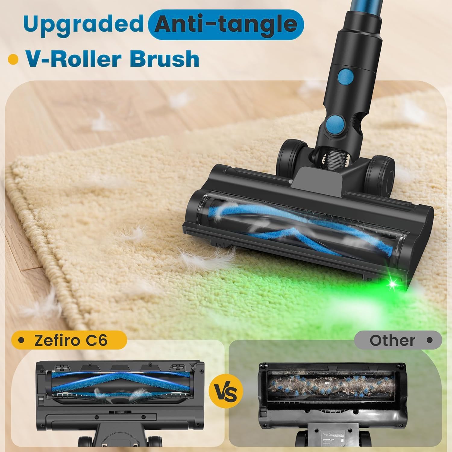 Zefiro Cordless Vacuum Cleaner,45Mins Runtime Stick Vacuum, Anti-Tangle and 1.5L Dust Cup, Lightweight Vacuum for Hardwood Floor Carpet Pet Hair