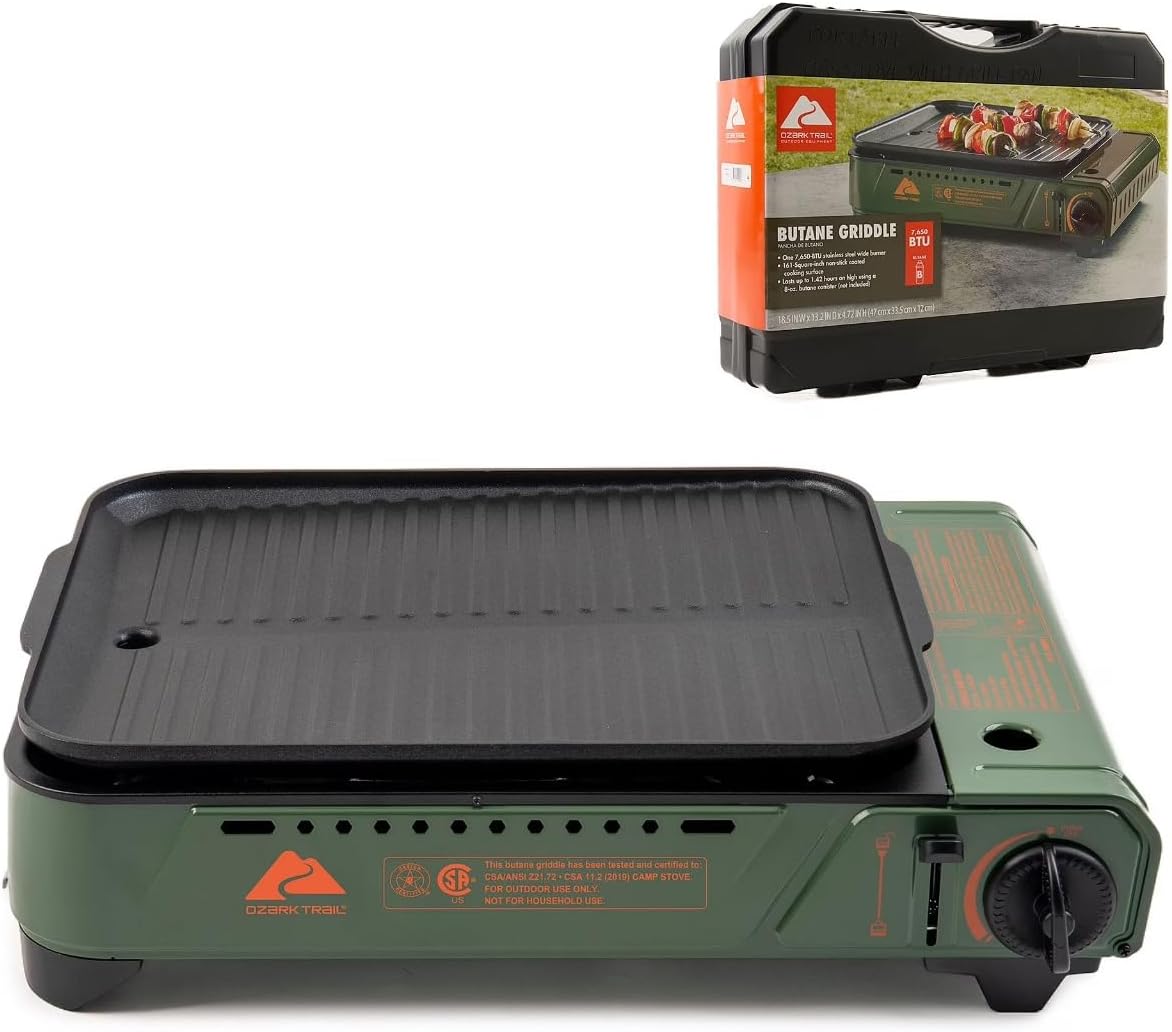 Ozark-Trail Outdoor Gas Griddle Grill 7650 BTU Portable Flat Top BBQ Griddle for Camping Cookware, Compact Cast Aluminum 15