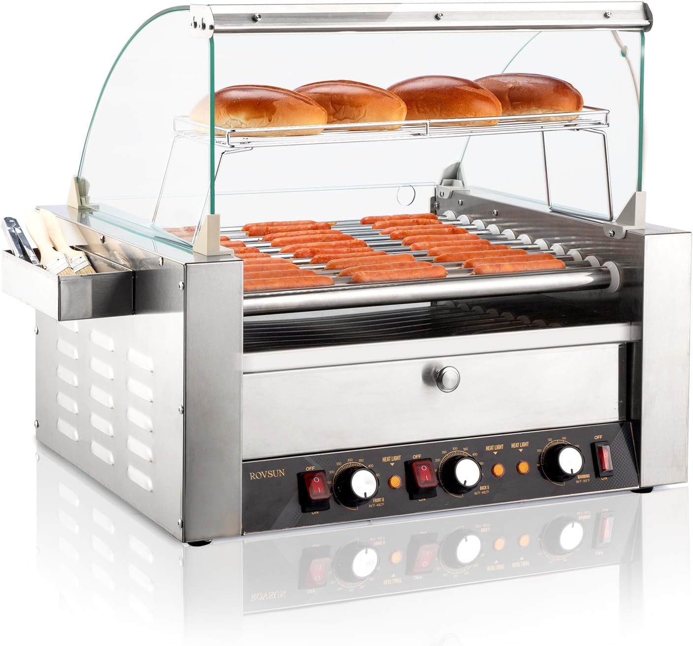 ROVSUN 30 Hot Dog 11 Roller, Hot Dog Roller Warmer Grill Cooker Machine w/Bun Warmer, Cover, Dual Temp Control, LED Light, Removable Shelf & Drip Tray for Party Home Commercial 2000W ETL Certified