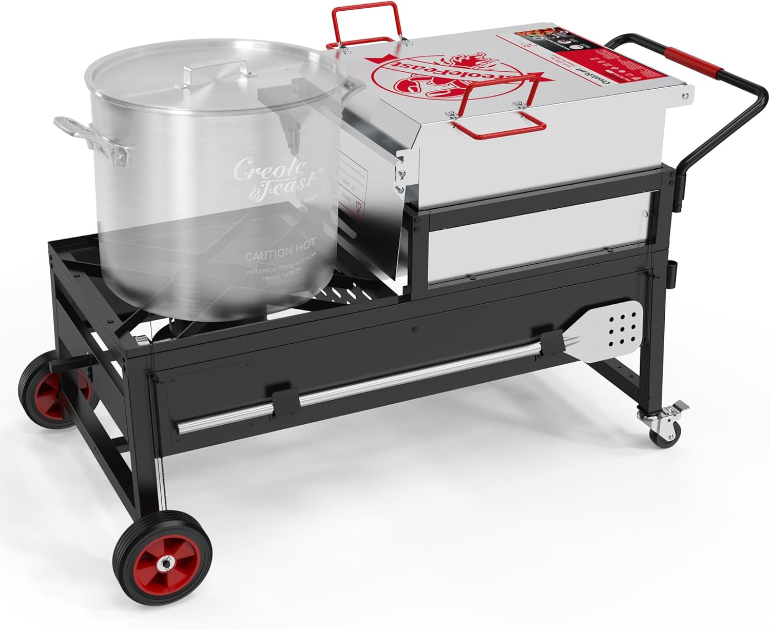 Creole Feast CFT2018-N1 90 Qt Crawfish Boiler and Cooker Combo, 2-Burner Single Sack Propane Gas Seafood Cooker with Stainless Steel Stirring Paddle for Outdoor Backyard Boiling, Silver & Black