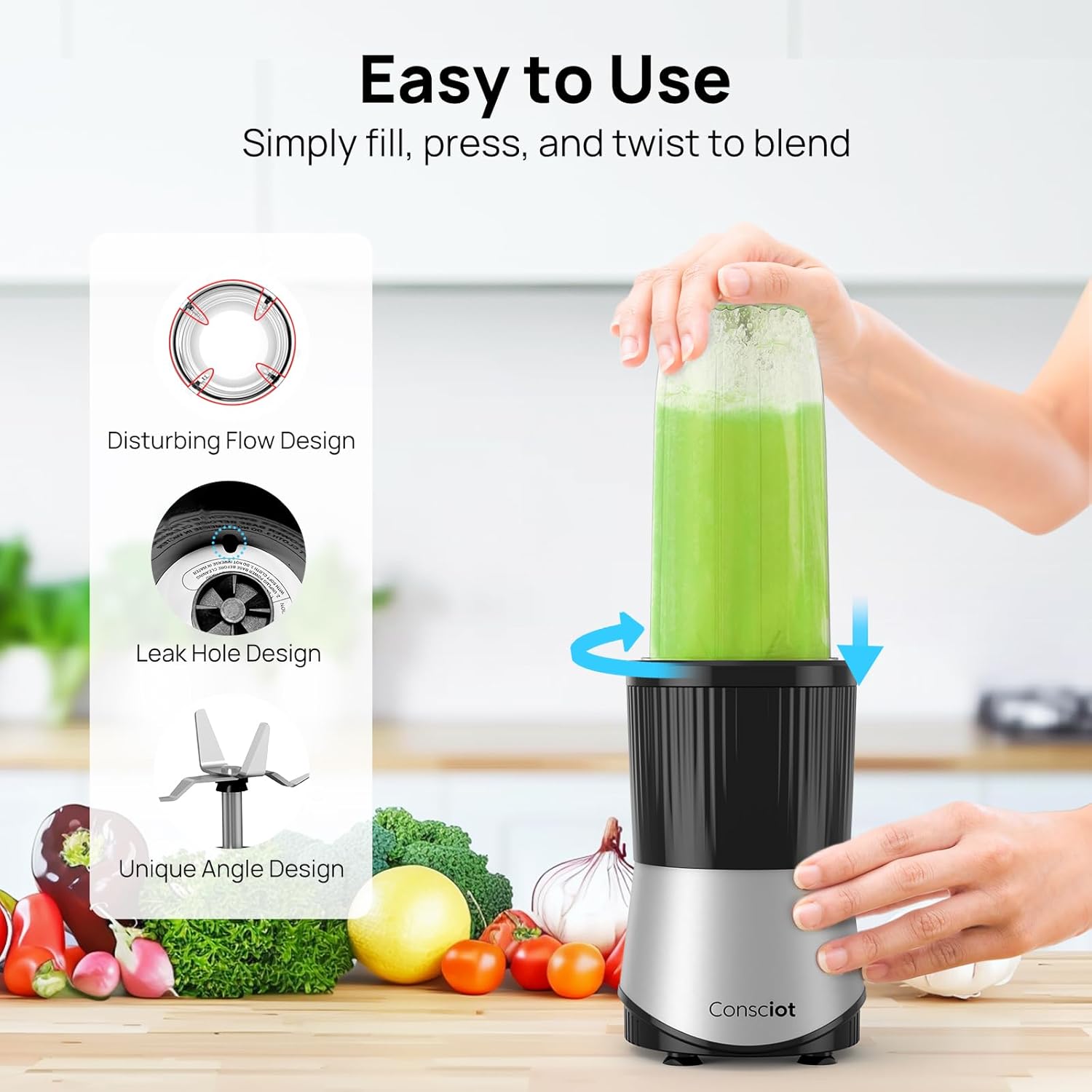 Smoothies Blender, Consciot Countertop and Personal Blender Combo, Making Shakes and Smoothies, Frozen Drinks, Spreads and More, 3 Portable To-Go Cups & 3 Lids, 900W Peak Watts