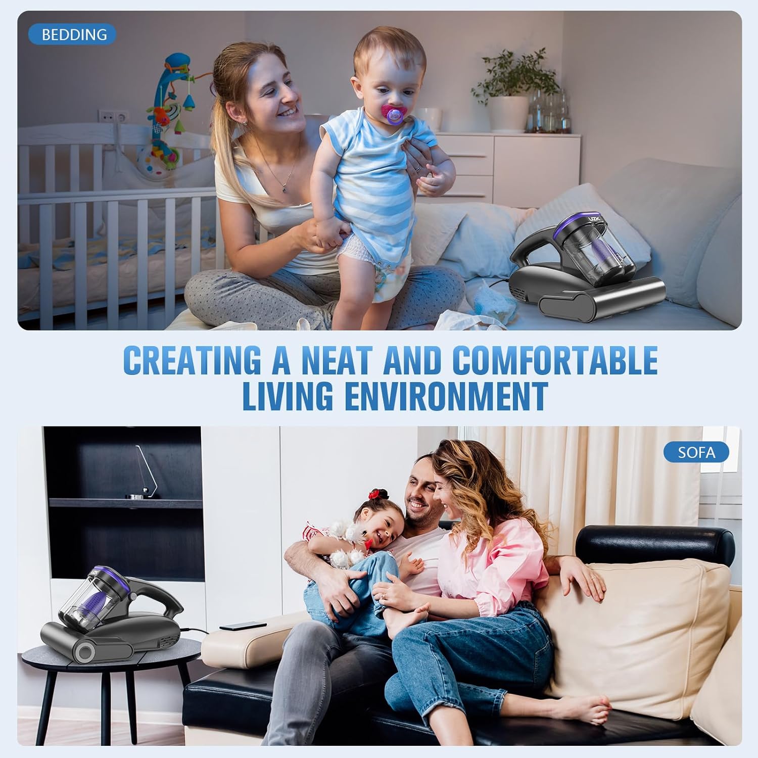 Bed Vacuum Cleaner Mattress Vacuum Cleaner,16Kpa Powerful Handheld Vacuums with UV-C Light & Double Dust Cup & High Heating & Ultrasonic & Anion for Bed Sofa