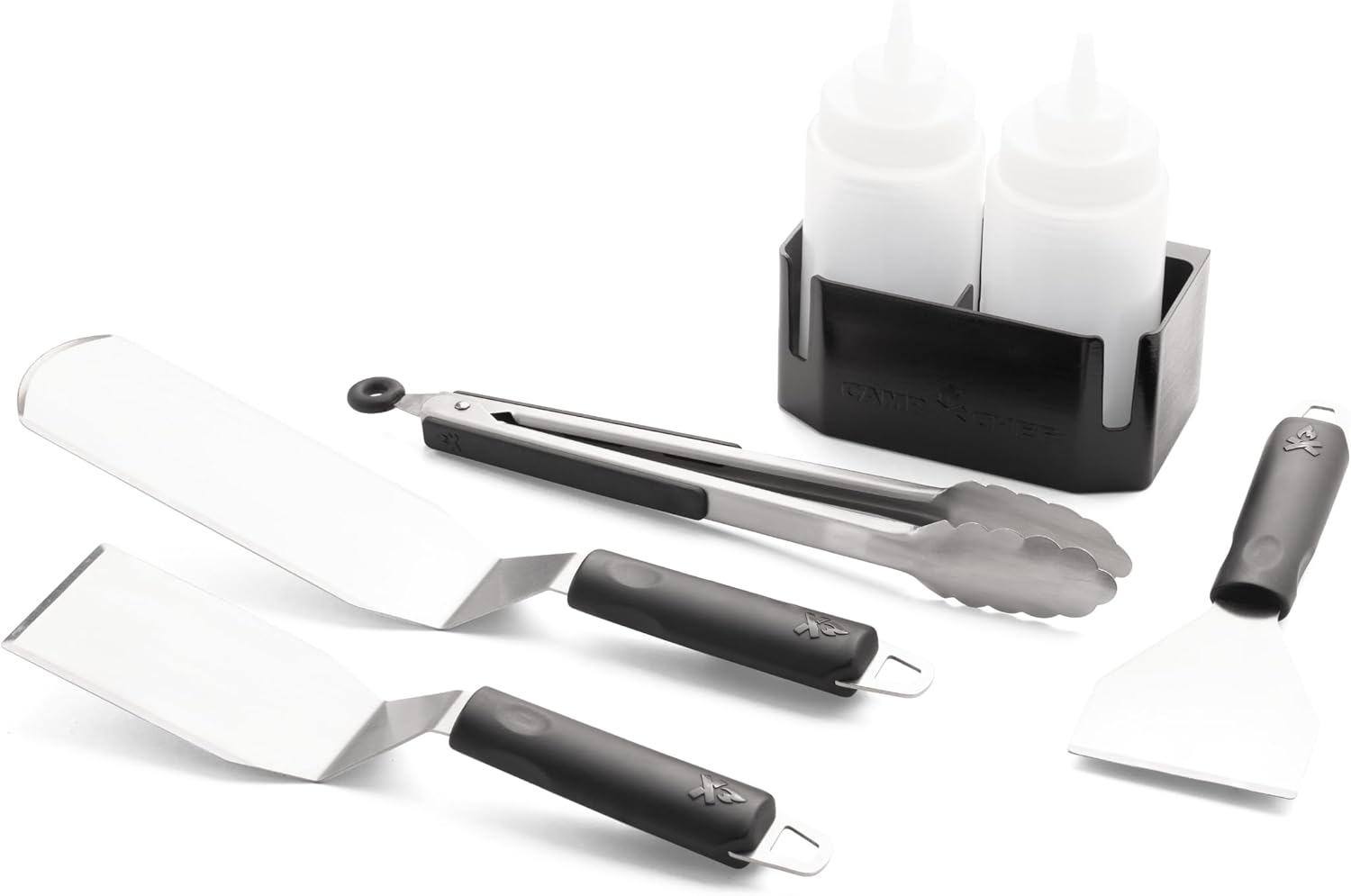 Camp Chef Griddle Essentials Kit - Flat-Top Griddle Accessories Include 2 Grill Spatulas, Grilling Tongs, Grill Scraper, 2 Squeeze Bottles & Magnetic Bottle Holder