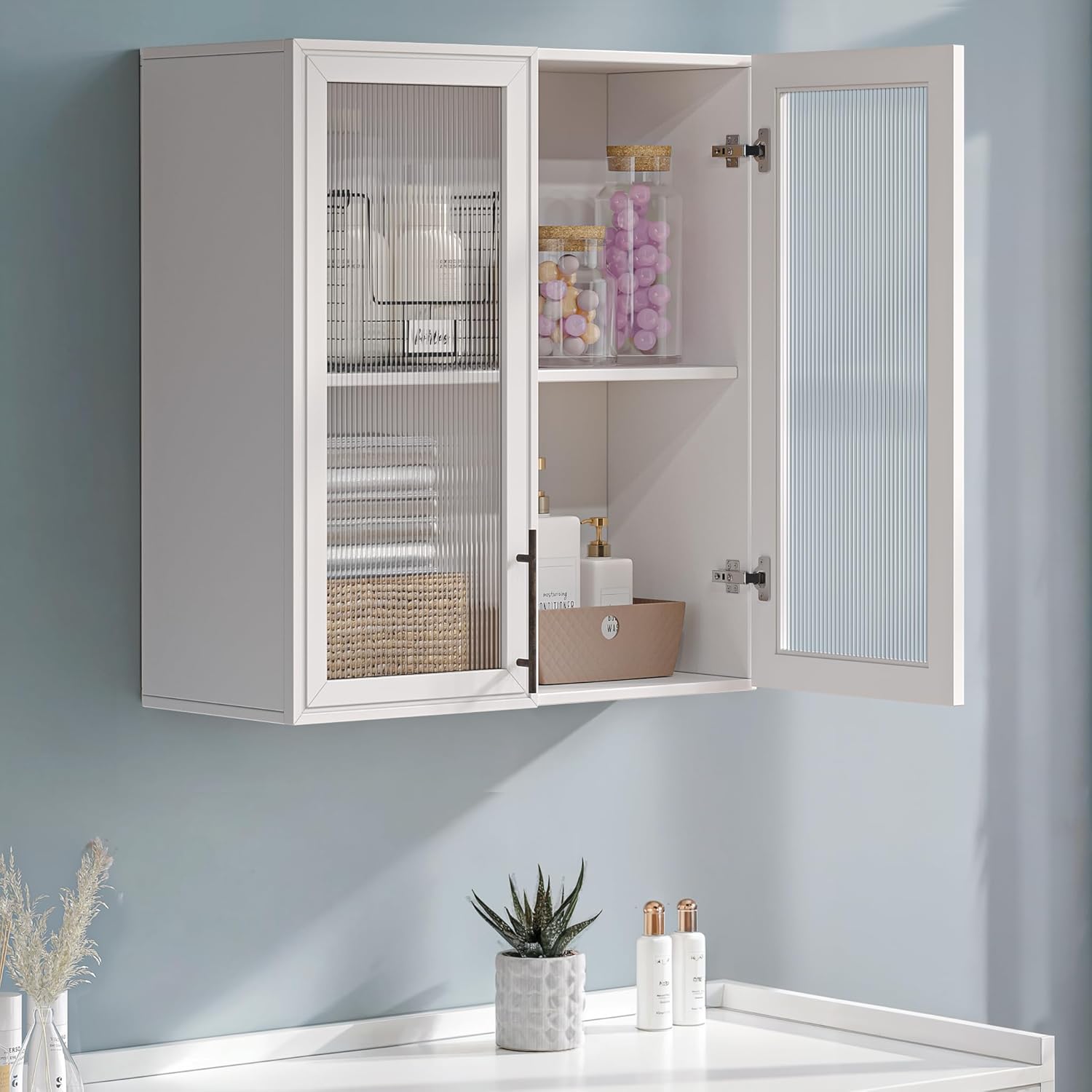 FIMELLO 59’’ Wall Cabinets for Laundry Room, Wall Cabinet with Acrylic Glass Doors and Shelf, Bathroom Wall Cabinet, Hanging Cabinet for Kitchen, Bathroom, Laundry Room Cabinets, White