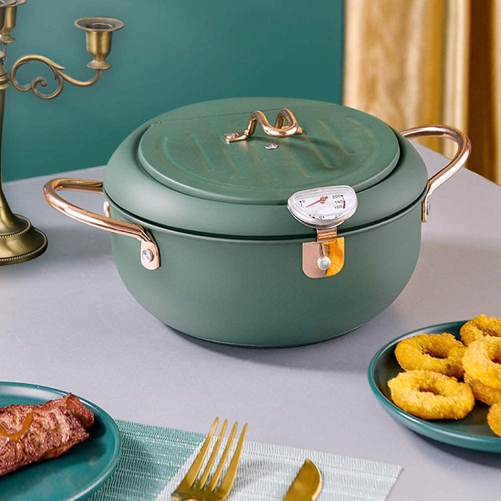 Stainless Steel Deep Frying Pot with Thermometer and Oil Drip Rack Lid Japanese Style Deep Fryer Pot for Home Fry Chicken Chips Fish Shrimp (7.9 inch, green)