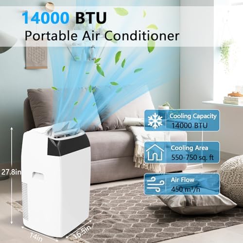 14,000 BTU Portable Air Conditioner with Dehumidifier and Fan for Rooms Up to 750 Square Feet, Portable Air Conditioners with Remote Control, Window Kit Included