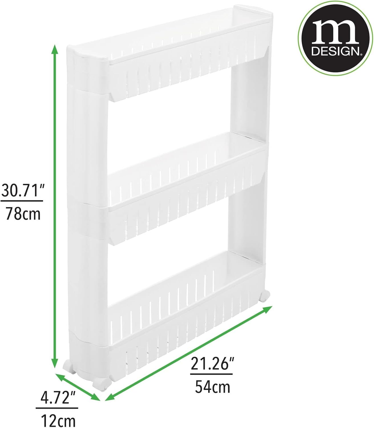 mDesign Slim Plastic Rolling Laundry Utility Cart, Portable Storage Organizer Trolley - Easy-Glide Wheels and 3 Heavy-Duty Shelves, for Laundry, Utility Room, Kitchen or Pantry Storage - White