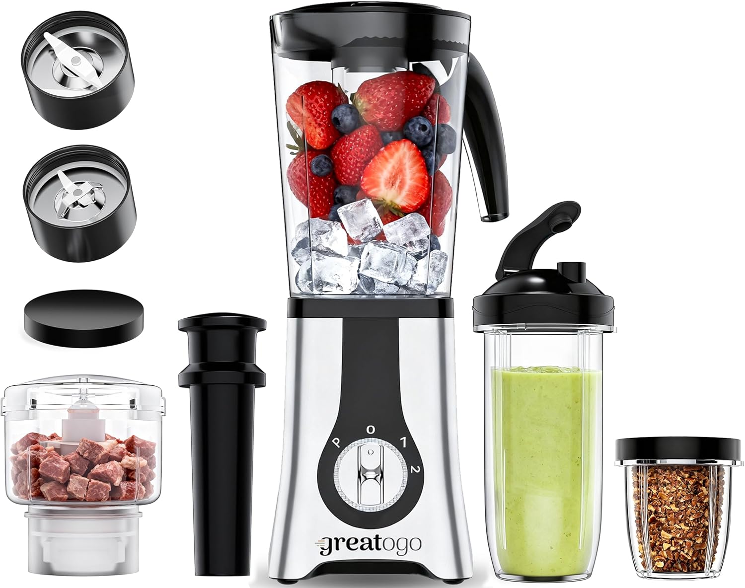 Countertop Blenders For Shakes And Smoothies, 3-In-1 Smoothie Maker & Food Processor, Multi-Function Blender Grinder Chopper Combo For Kitchen, Includes 4 Cups And Portable Lid