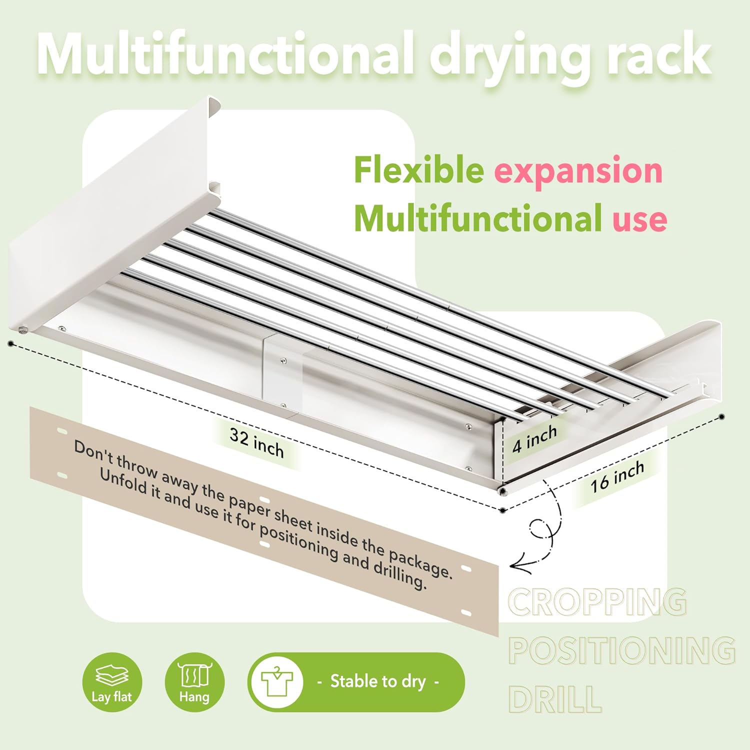 Wall Mounted Clothes Drying Rack 32 inches,Foldbale Laundry Drying Rack Wall Mount,Drying Rack Clothing Space Saver,Retractable,Collapsible,Folding Laundry Rack,White