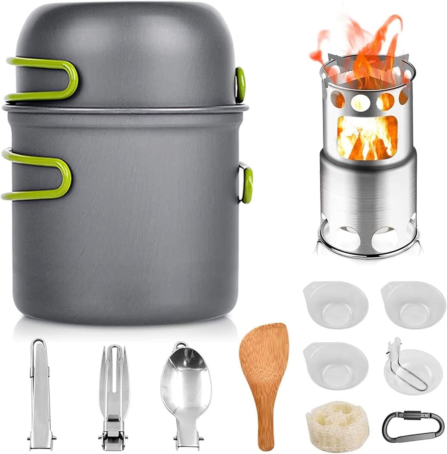 Camping Cookware Kit, Lightweight Camping Cooking Set with Foldable Wood Stove Pots Pans for Picnic Hiking Outdoor Backpacking Gear