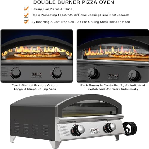 Mimiuo 25 Inch Outdoor Gas Pizza Oven, Portable Propane Pizza Oven with Large Baking Stone - Make 2 Pizzas At Once - Multifunctional Stainless Steel Grilling Stove to Cook Steak Meat Seafood