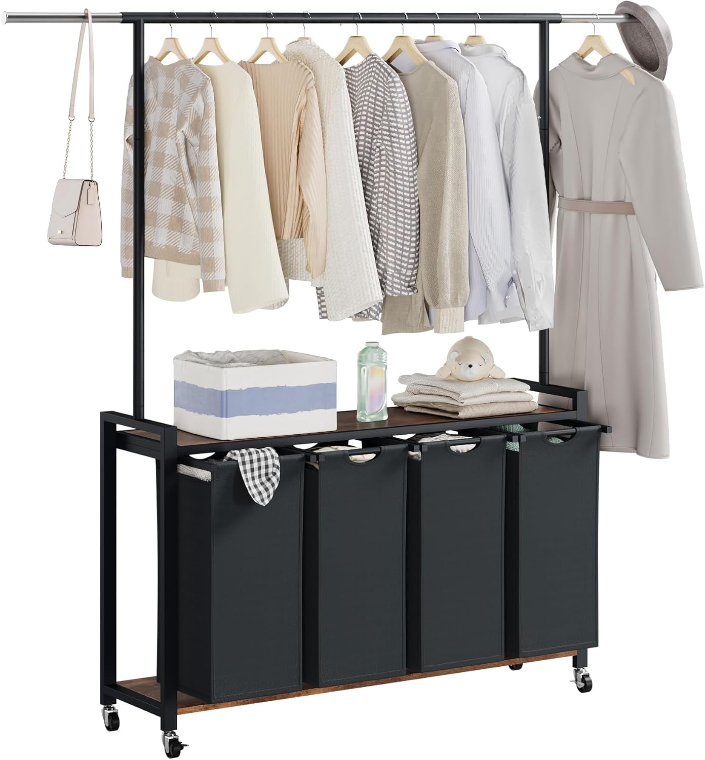 GarveeHome Rolling Laundry Cart with Hanging Rack & Utility Shelf | 4-Section Laundry Sorter Hamper with Lockable Wheels | Laundry Basket Organizer for Laundry Room, Bedroom, Bathroom | Black