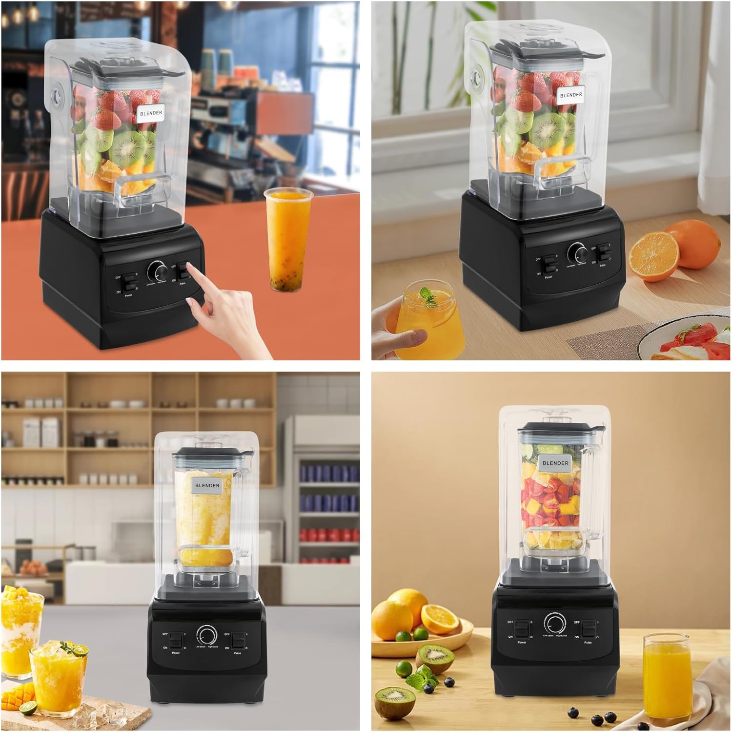 Smoothie Machine w/ Pusher, 2.2L/74.4oz Electric Milkshake Blending Machine, 6-blade Speed Adjustable Grain Grinder, Tabletop Automatic Sauce Mixer, Commercial/Home Ice Crusher, 8.27*9.84*18.9in Black