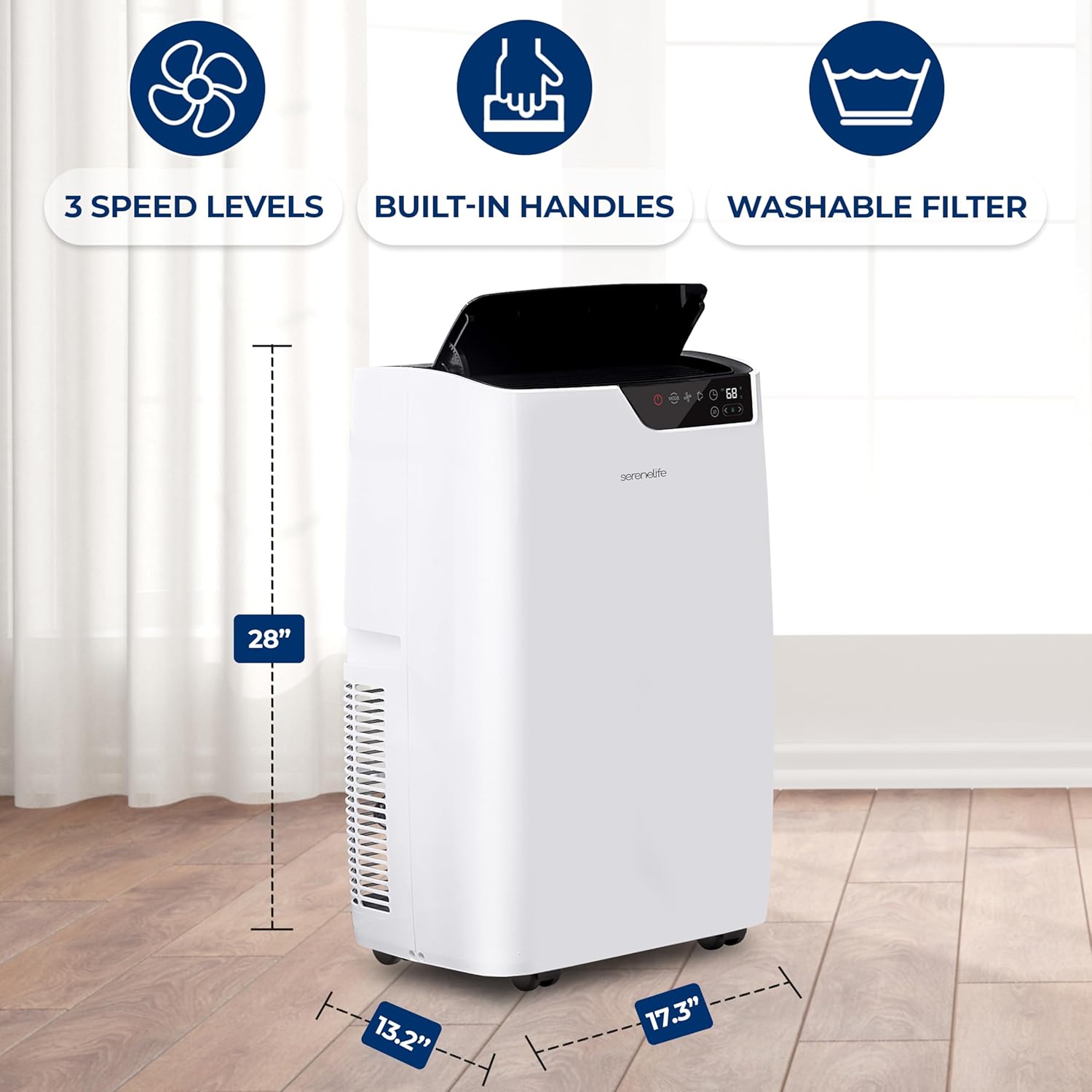 SereneLife 14000 BTU Portable Air Conditioner with Heating Function, 4-in-1 Standing AC for Room Up to 500 Sq. Ft. with Touch Control Panel, WiFi, and LCD Remote Control, High Efficiency CEER 7.60