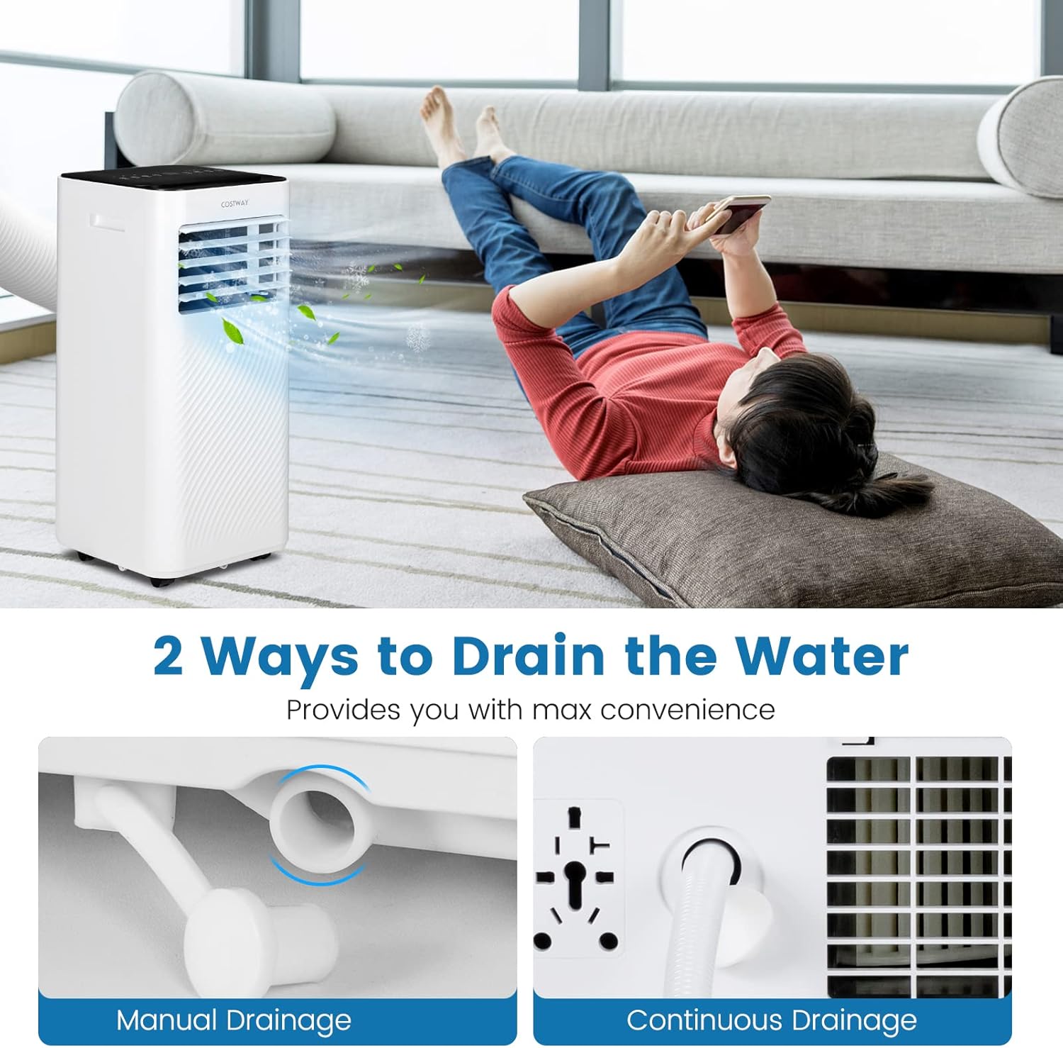 COSTWAY 8000 BTU Portable Air Conditioner, 4-in-1 AC Unit with Cool, Fan, Dehumidifier & Sleep Mode for Rooms up to 250 Sq.Ft, 24H Timer, Child Lock, Remote Control & Window Kit (Black and White)