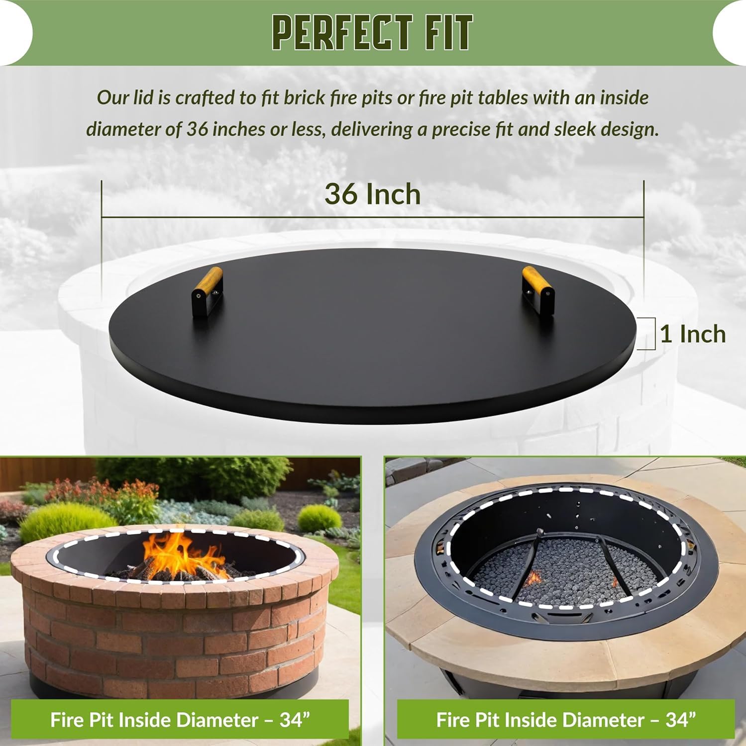 FEBTECH Fire Pit Lid 36 Inch - Steel Fire Pit Lid with 2mm Thickness for Drop-in Burner Fire Pit Pan - Grill Fire Ring Lid with Dual Handle for Outdoor Brick Fire Pit
