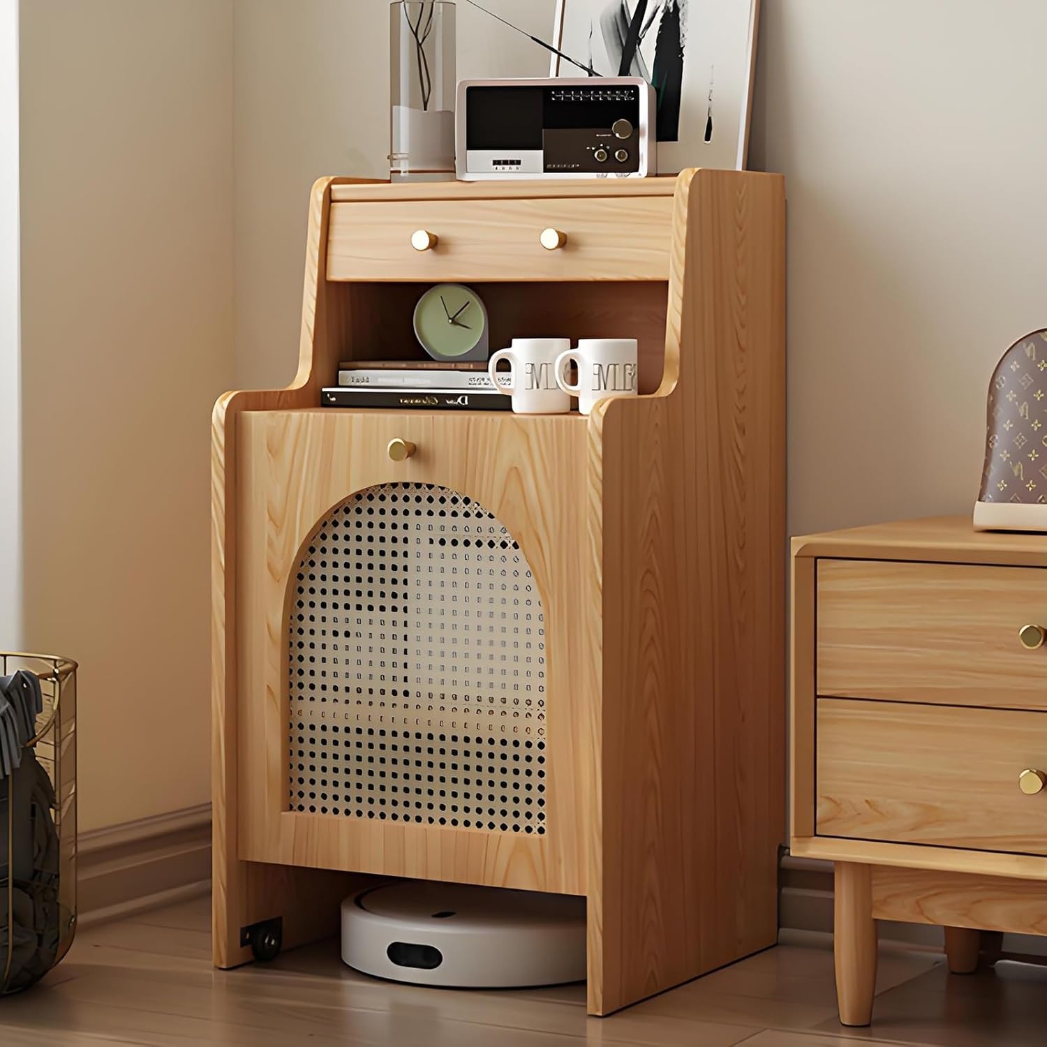 Robot Vacuum Storage Cabinet with Wheels, Hidden Organizer with Doors and Drawers for Sweeping Robots, Mobile Vacuum Rack for Living Room, Bedroom, Kitchen, Solid Wood, Easy Water Changing(Yellow)