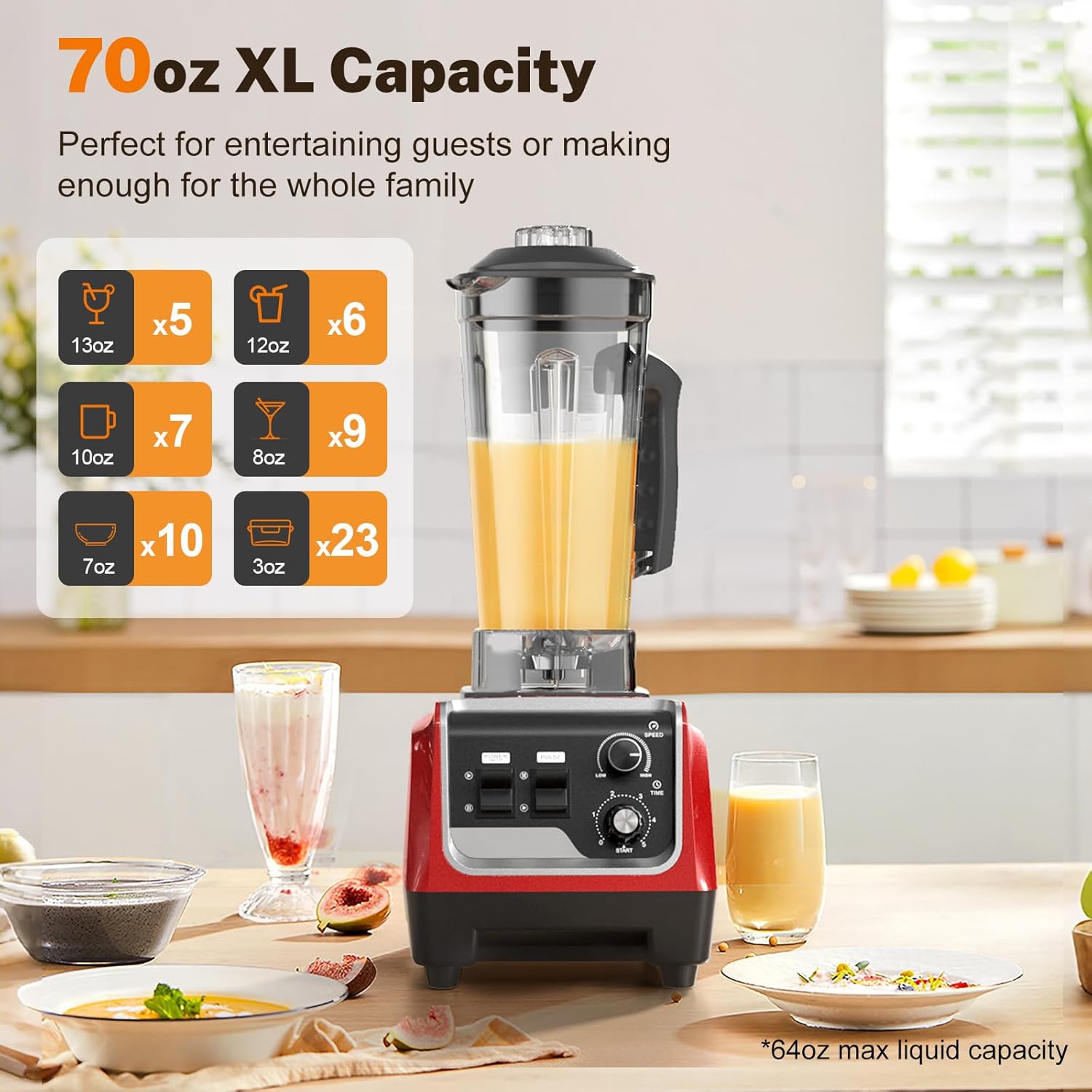 Smoothie Blender 1800W Powerful Blenders for Kitchen 70 Oz Large Capacity and BPA-Free Containers with To-Go Cup Countertop Blender for Smoothies, Ice Crushing & Frozen Drinks Red