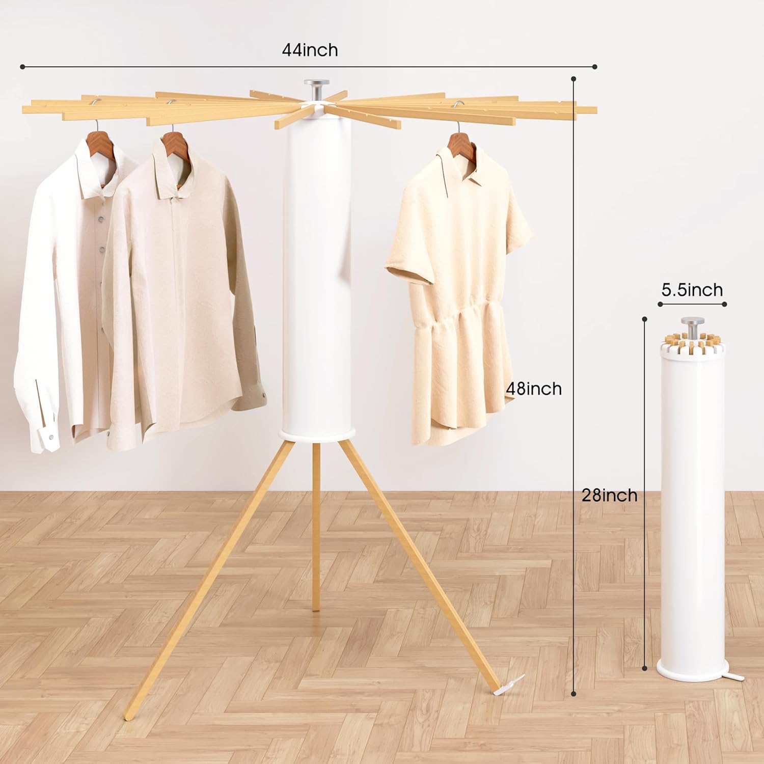 Tripod Clothes Drying Rack, Laundry Drying Rack for Clothing, Foldable Collapsible Space-Saving Umbrella Dryer with 16 Rods, Floor Standing Rack for Indoor Outdoor Use, Wooden