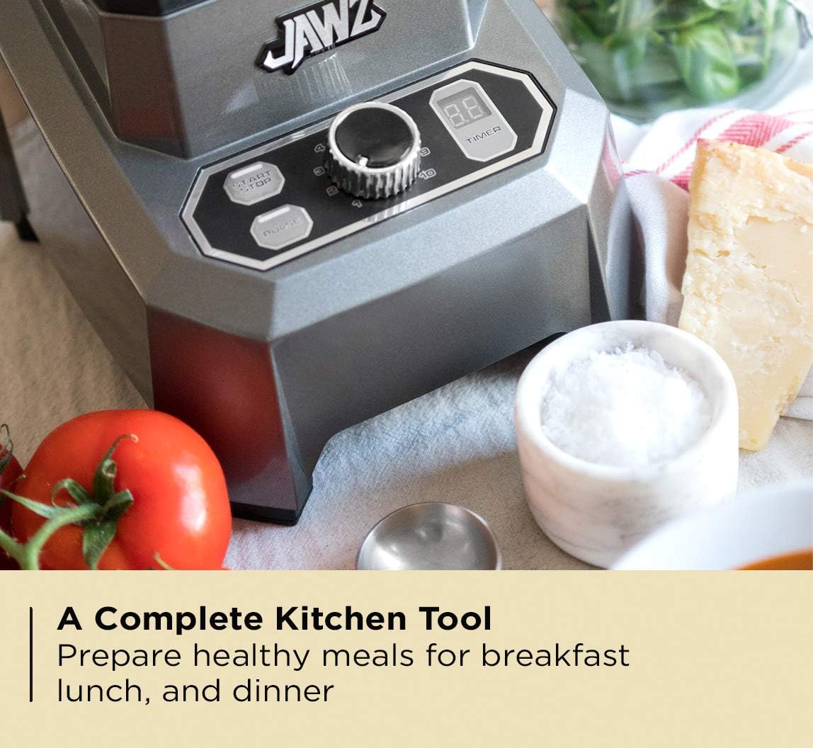 JAWZ High Performance Blender, 64 Oz Professional Grade Countertop Blender, Food Processor, Juicer, Smoothie or Nut Butter Maker, Variable 10 Speed Easy Control Dial, Stainless Steel Blades, Silver