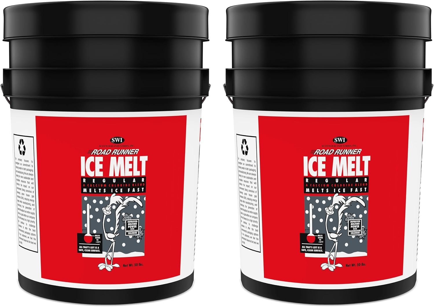 Road Runner Ice and Snow Melt Fast Acting Scotwood Industries Pail, 2 Pails of 50 Lbs Total 100 Lbs
