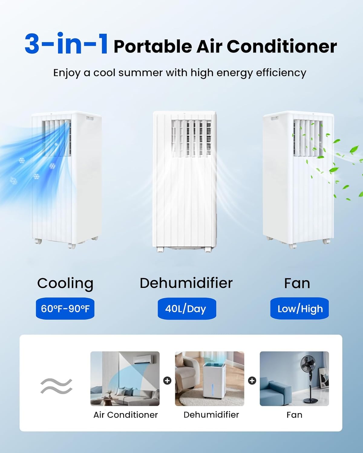 8000 BTU Portable Air Conditioner - 3 in-1 Cooling, Dehumidifier & Fan with Quiet Operation, Sleep Mode, 24H Timer & Energy Savings, for Rooms Up to 350 Sq.Ft, Includes Remote Control, Reusable Filt