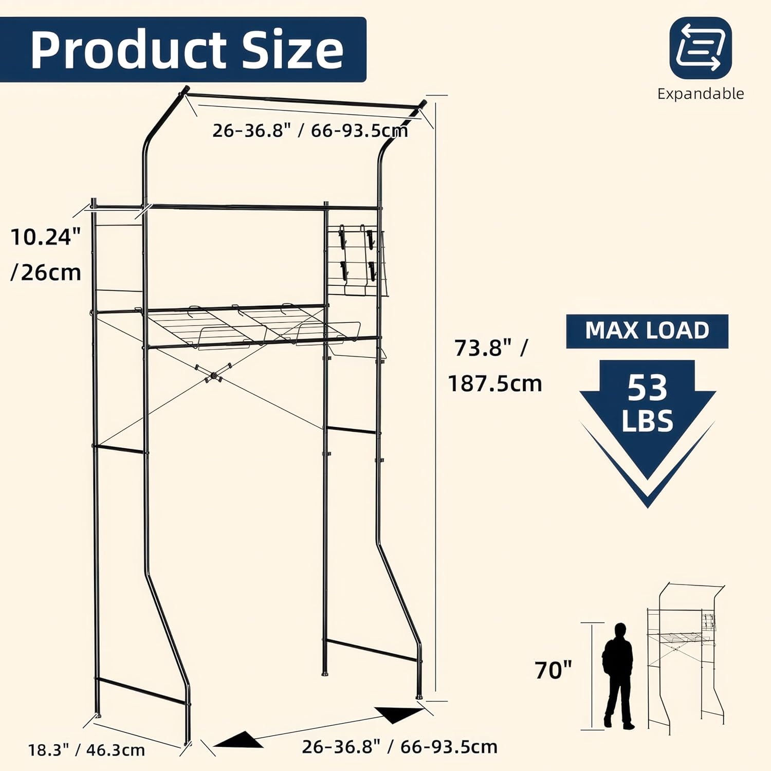 Laundry Room Storage Shelf, 2 Tier Metal Over Washer and Dryer Shelves, Washing Machine Shelf with Hanger Rods & Hooks, Expandable Bathroom Space Saver Shelf, 26–36.8