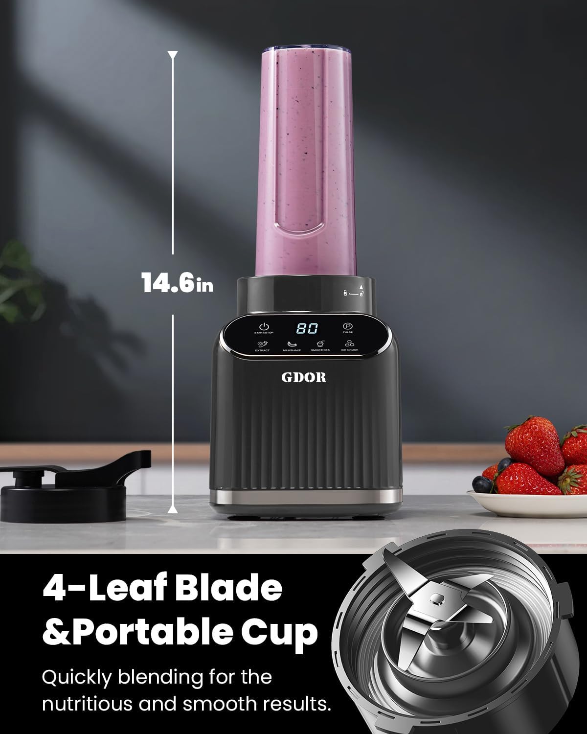 GDOR Professional Blender for Smoothies, 5 Functions, 1200 Peak Watts Smoothie Blender, 52 Oz Glass Jar & 24 Oz To-Go Cup Combo, Blenders for Smoothies, Ice and Frozen Fruit, Self-Cleaning, Gray