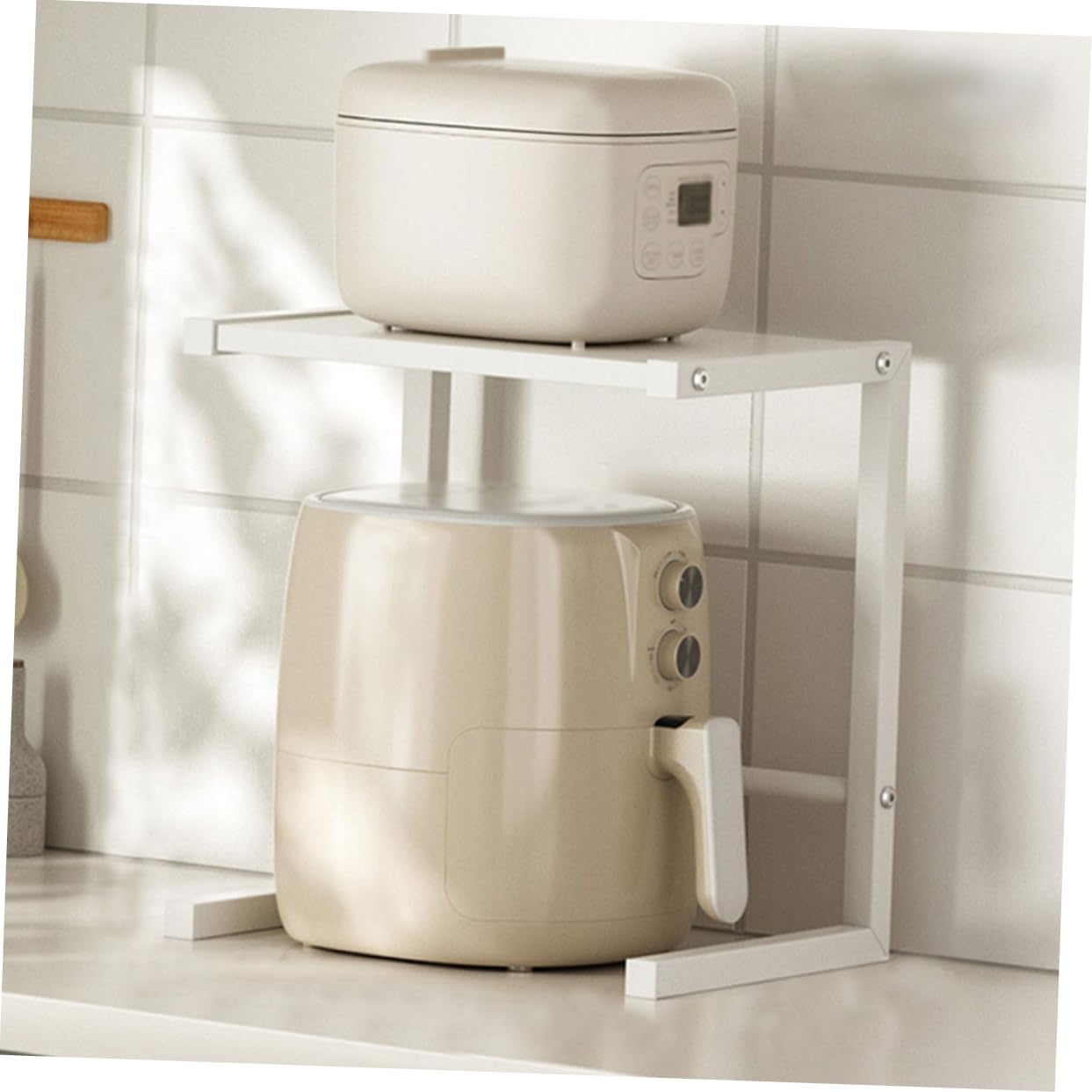 PRETYZOOM Adjustable Carbon Steel Kitchen Microwave Holder Expandable Countertop Organizer for Air Fryers Ovens and Small Appliances Space-Saving Rack for Kitchen Storage