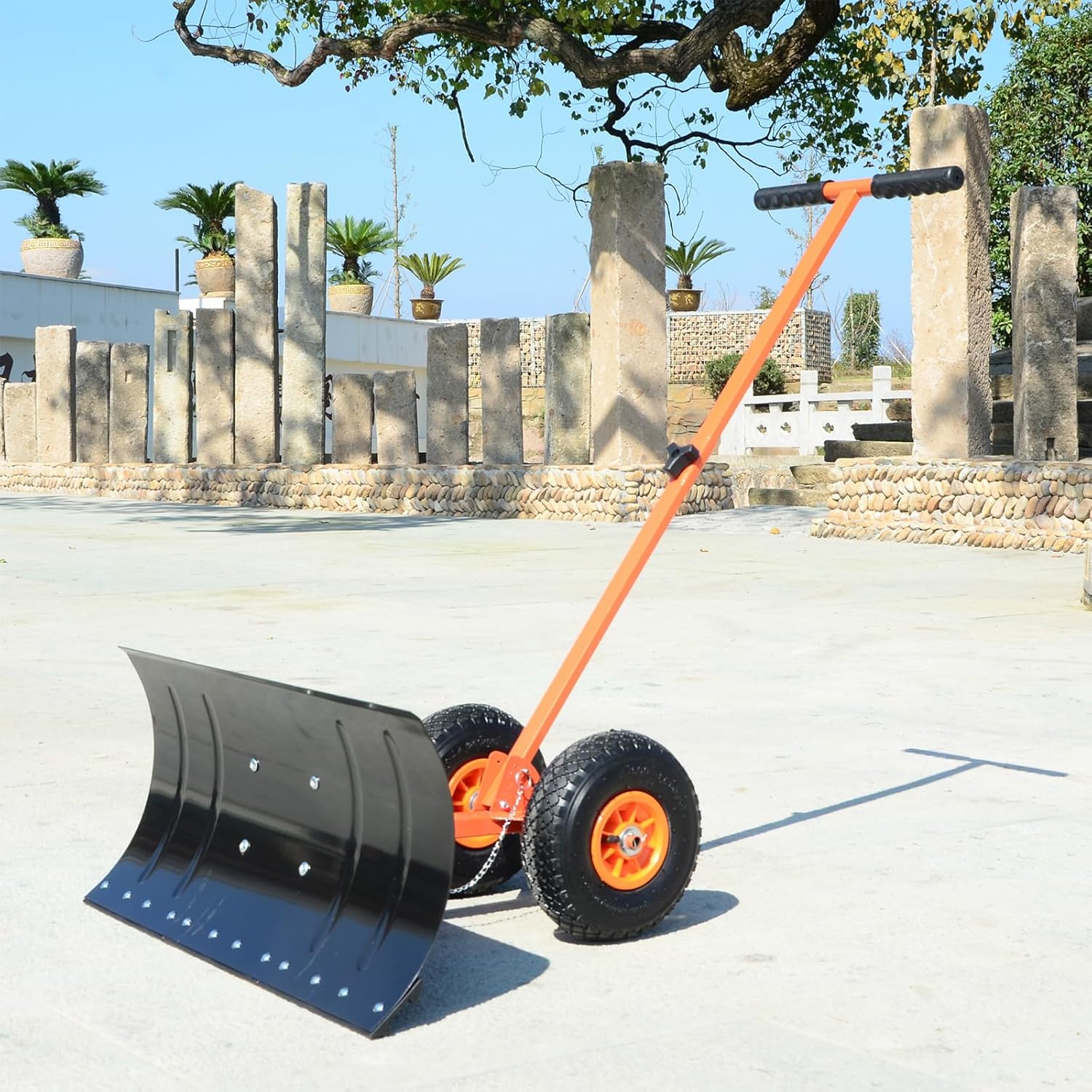 Heavy-Duty Rolling Snow Pusher, Wheeled Manual Snow Shovel with Adjustable Height Handle and Non-Slip Rubber Tires, Adjustable Working Angle, for Stoops, Decks, Patios, Walkways
