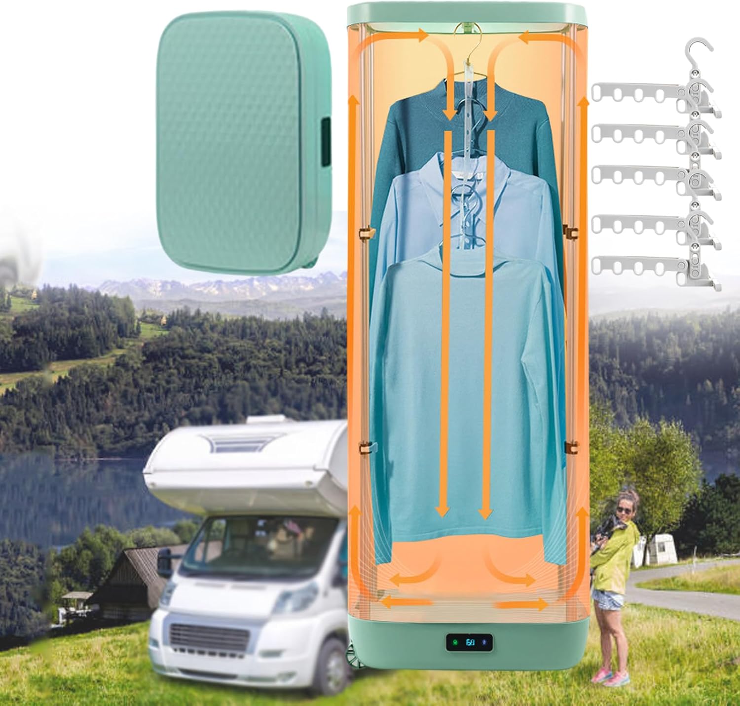 Travel Dryer - Foldable Drying Cabinet with Timing (30-300 Minutes) - Clothes Dryers with Castor - Hanging Clothes Steamer for Camping, Home - With 5 Clothes Racks,green