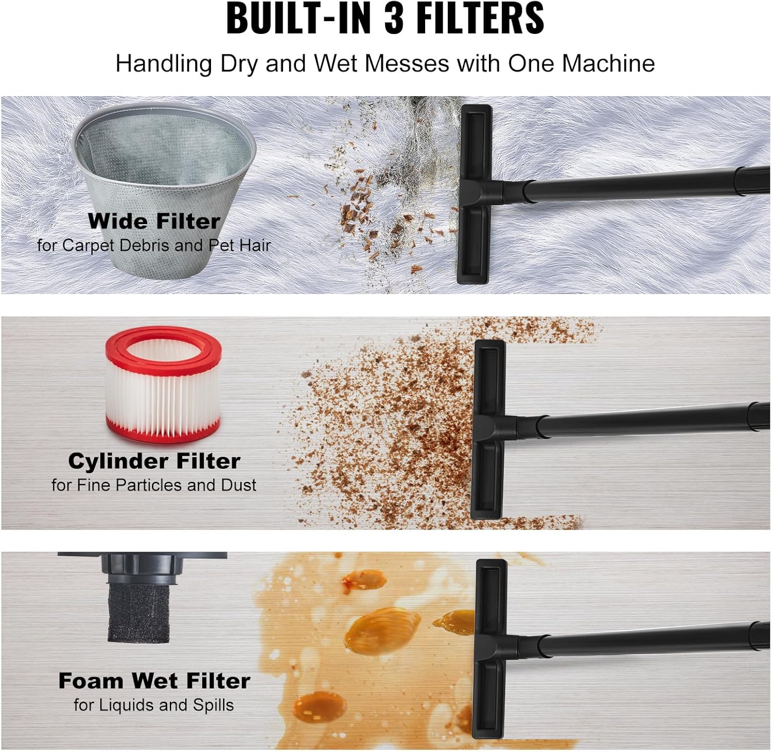 VEVOR Stainless Steel Shop Vac Wet and Dry Vacuum Cleaner 5.5 Gallon 6 Peak HP - Powerful Suction with Blower Function & Attachments 2-in-1 Crevice Nozzle - Perfect for Car Carpet Debris Pet Hair