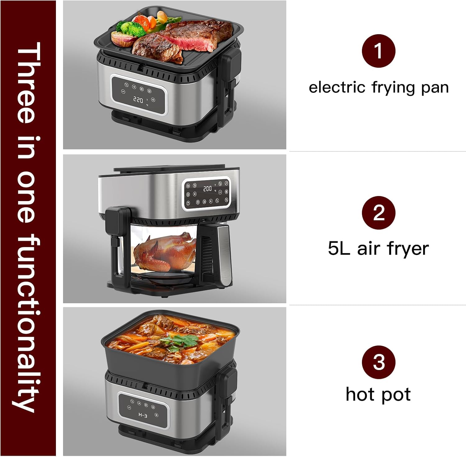 5.2QT 5-in-1 Multifunction Air Fryer with Removable Grill Pan, See-Through Window & Touchscreen, Air Fryer Oven for Grilling Steaks, Boiling, Stewing, Roasting, Baking, Turbo Crisp Technology