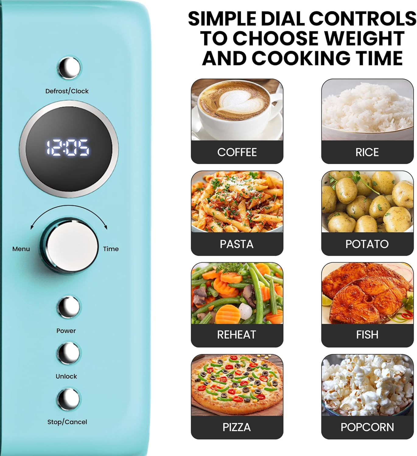 Total Chef Retro Microwave Oven | 20L / 0.7 Cu Ft | Quick Start & Defrost By Weight/Time | 8 Pre-set Cooking Modes For Coffee, Rice, Pasta, Potato, Reheat, Fish, Pizza, Popcorn | 700W | Blue