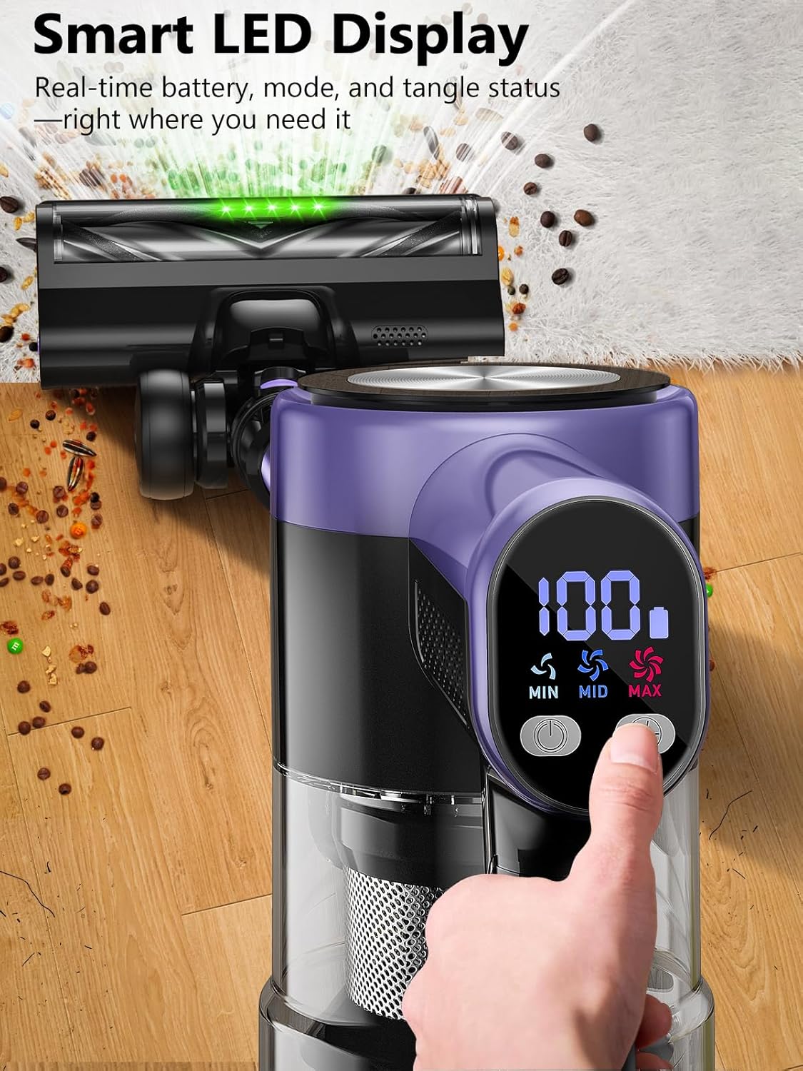 Cordless Vacuum Cleaner, 46KPa/500W Stick Vacuum with 55 Mins Runtime, Self-Standing Vacuum Cleaner for Home, LED Display, Anti-Tangle Brush, Rechargeable Vacuum for Pet Hair