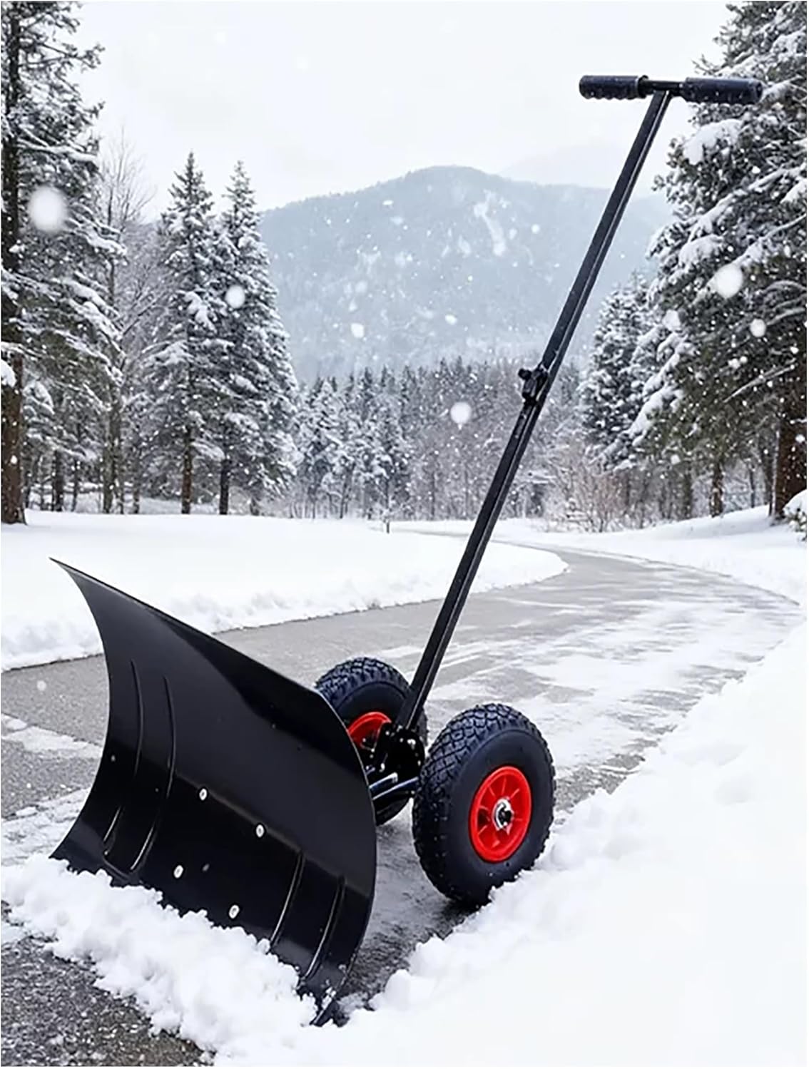 Wheeled Snow Shovel for Driveway, Personal Snow Pusher with Wheels, Adjustable Plow Angle, Single Rod Plow Shovel(75x43cm/29.5x17in)