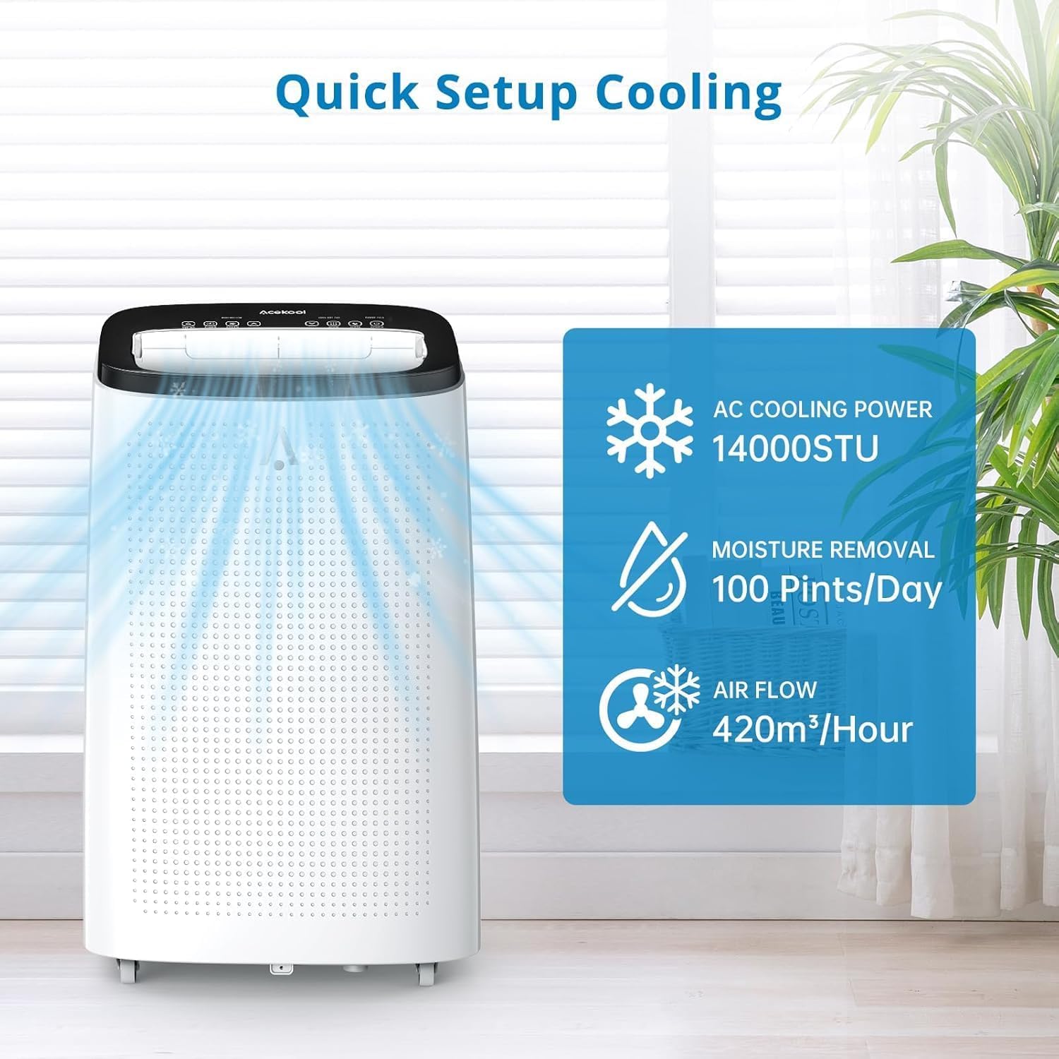14,000 BTU Portable Air Conditioner, 3-In-1 Cooling, Fan & Dehumidifier for Up to 750 Sq.Ft, Smart AC Unit with Remote Control for Large Rooms, Offices, and Temporary Spaces