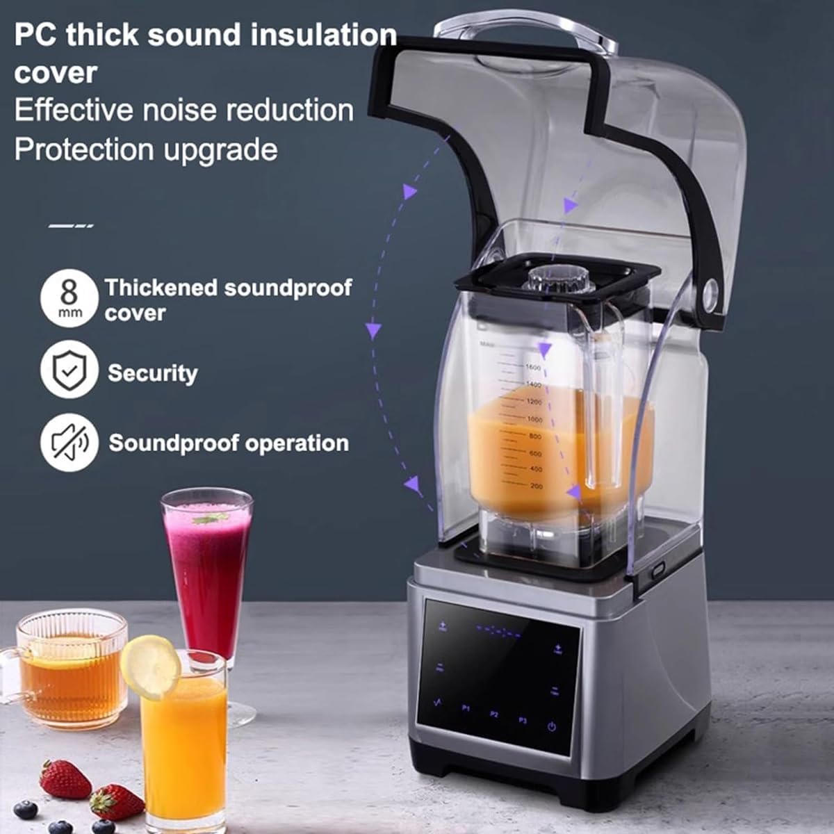 Commercial Shaved Ice Machine,1800W Professional Electric Blender,1.8L Multifunctional Stand Smoothie Maker with Mute Hood,Speed Adjustable and Timing Regulation,for Party Activities(Touch type)