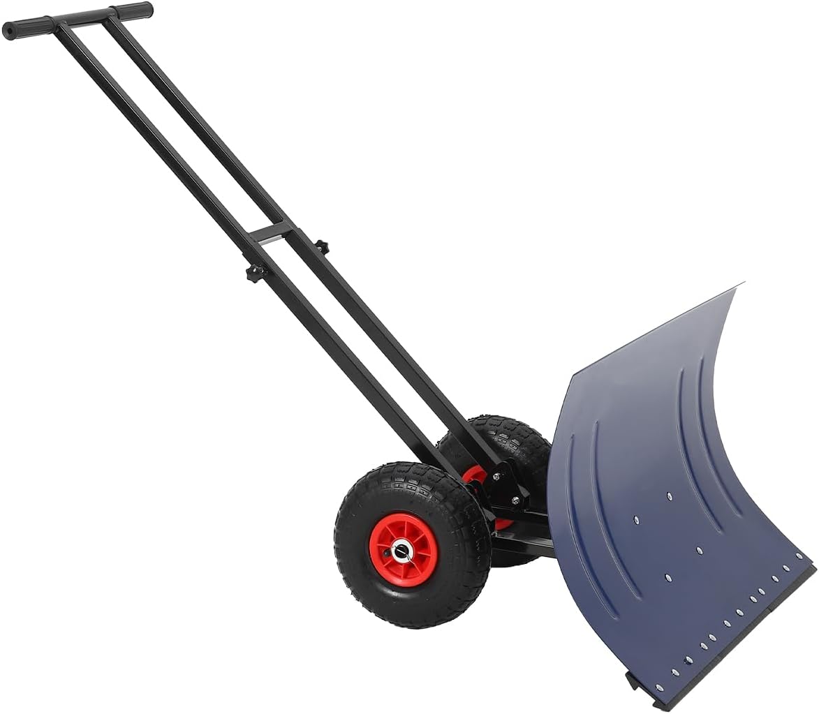Heavy-Duty Wheeled Snow Plow Shovel 20 Inch Steel Blue Blade with Double Handle, 5 Adjustable Angles, 2 Wheels, Back Saver Pusher for Easy Snow Removal on Driveways, Sidewalks, and Doorways,Blue