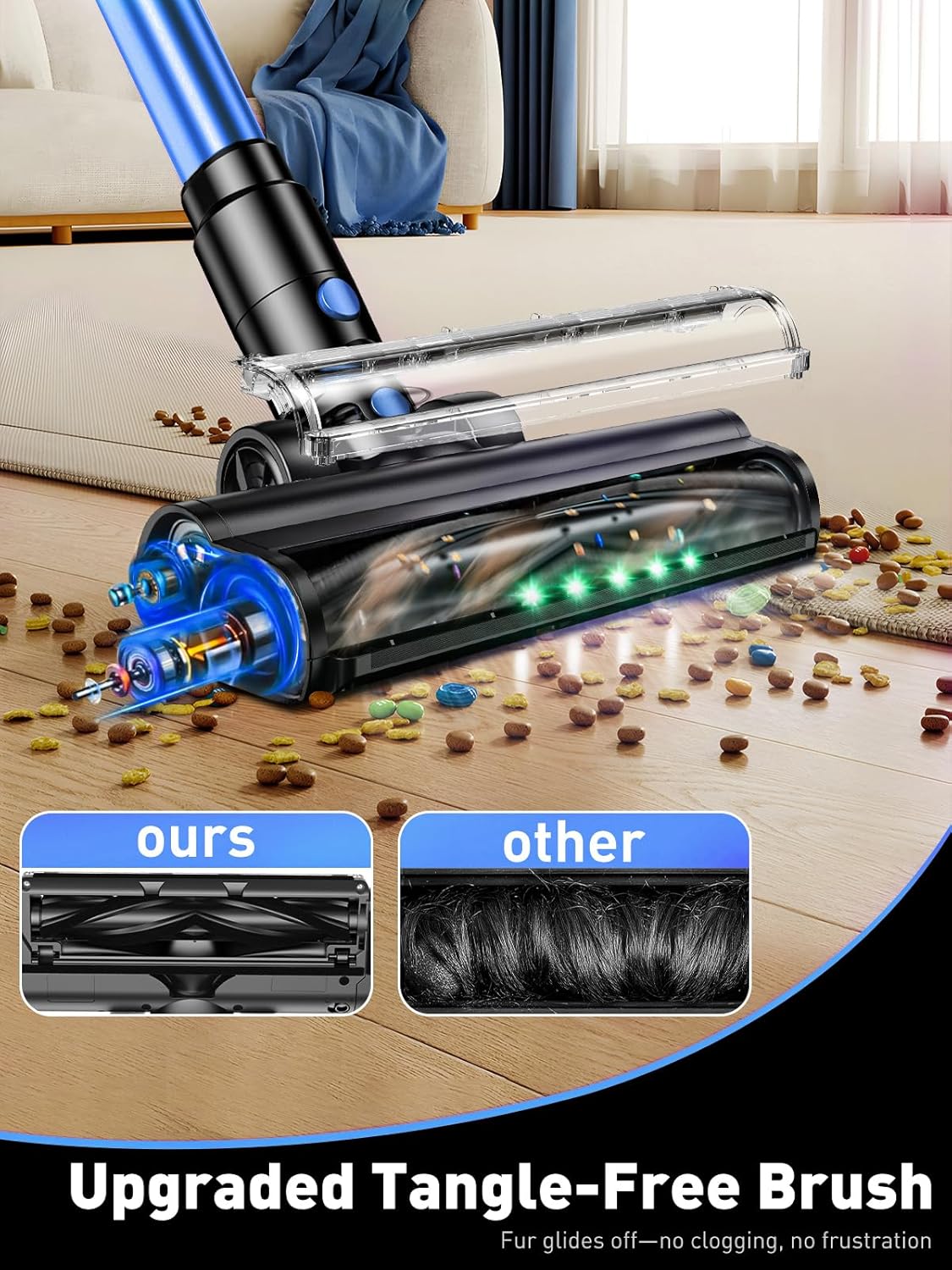 Cordless Vacuum Cleaner, 8-in-1 Vacuum Cleaners for Home, 45Mins Runtime, Anti-Tangle Stick Vacuum with LED Display, Rechargeable Lightweight Vacuum for Pet Hair/Carpet/Floor (Blue)