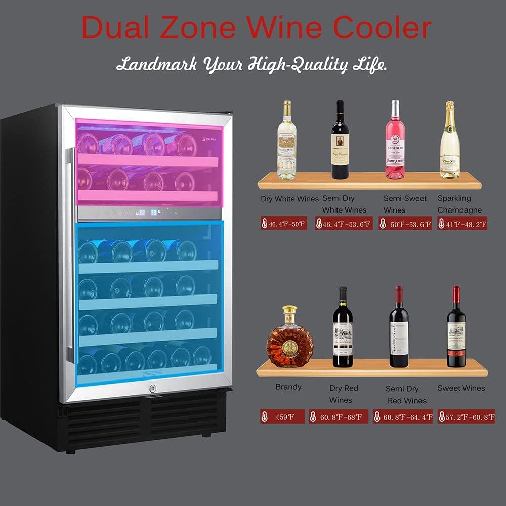 24 Inch 46 Bottle Wine Cooler Cabinet Beverage Fridge,Dual Zone Built-in and Freestanding Wine Cellars,41°F-68°F Digital Temperature Control,with Adva