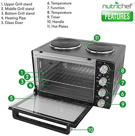 NutriChefKitchen 30 Quarts Kitchen Convection Oven - 1400 Watt Countertop, Rotisserie Roaster Grill, Top Rack, Dual Hot Plates, Toaster, Baking Tray, PKRTO29