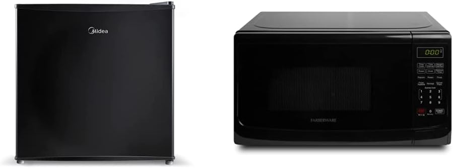 Midea WHS-65LB1 Compact Single Reversible Door Refrigerator, 1.6 Cubic Feet, Black & Farberware Compact Countertop Microwave Oven, 0.7 Cu. Ft. 700-Watt with LED Lighting, Retro Black