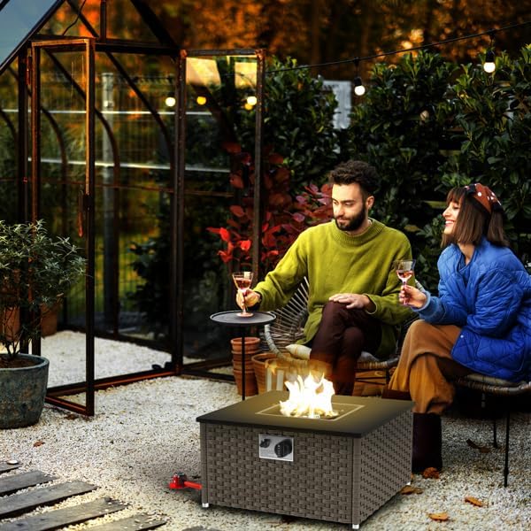 Outdoor Propane Fire Pit Table,2-in-1 Gas Fire Pit with Lid, 13KW Heat Output, Three-Strand PE Rattan Woven Firepit for Patio Garden Backyard, Grey