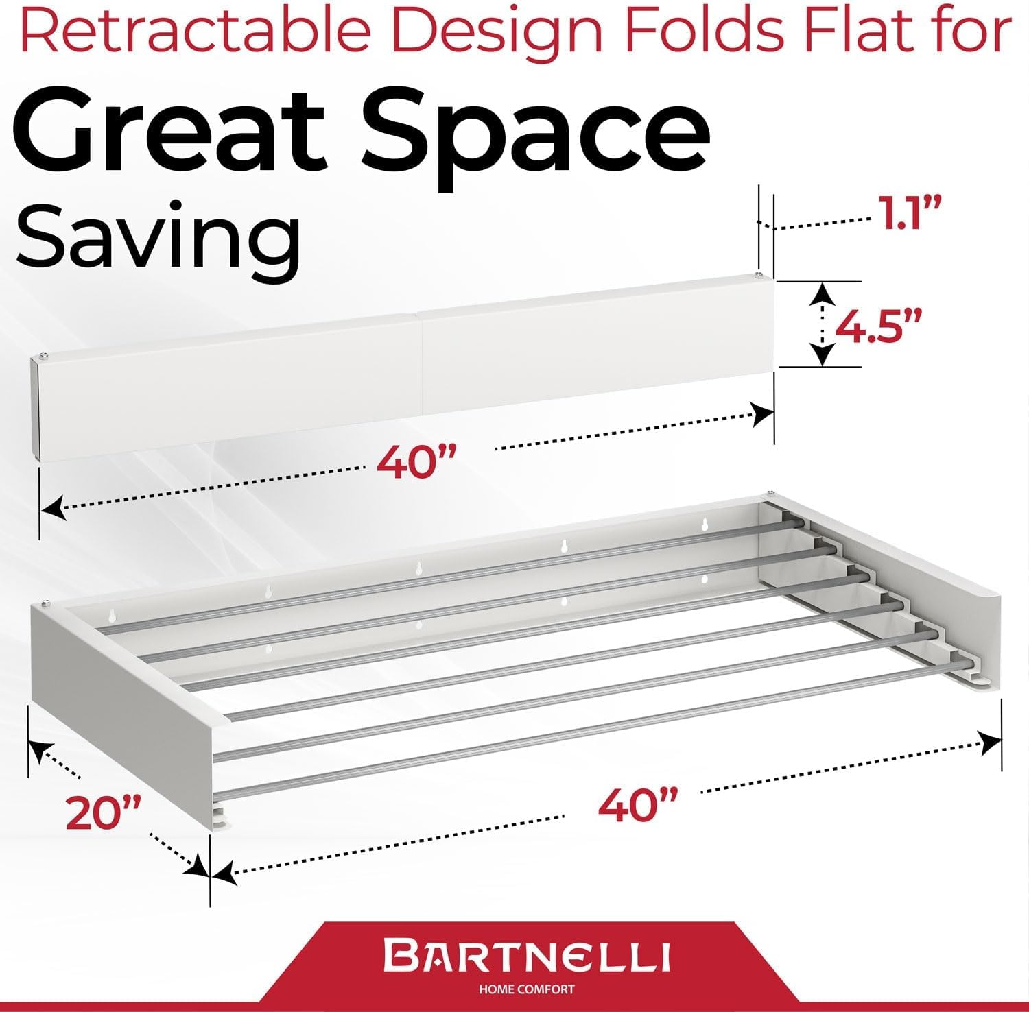 Bartnelli Wall Mounted Laundry Drying Rack for Clothes | Made in Europe with Patented Foldable Design for Maximum Space-Saving Efficiency, Collapsible Clothing Racks for Indoor and Outdoor