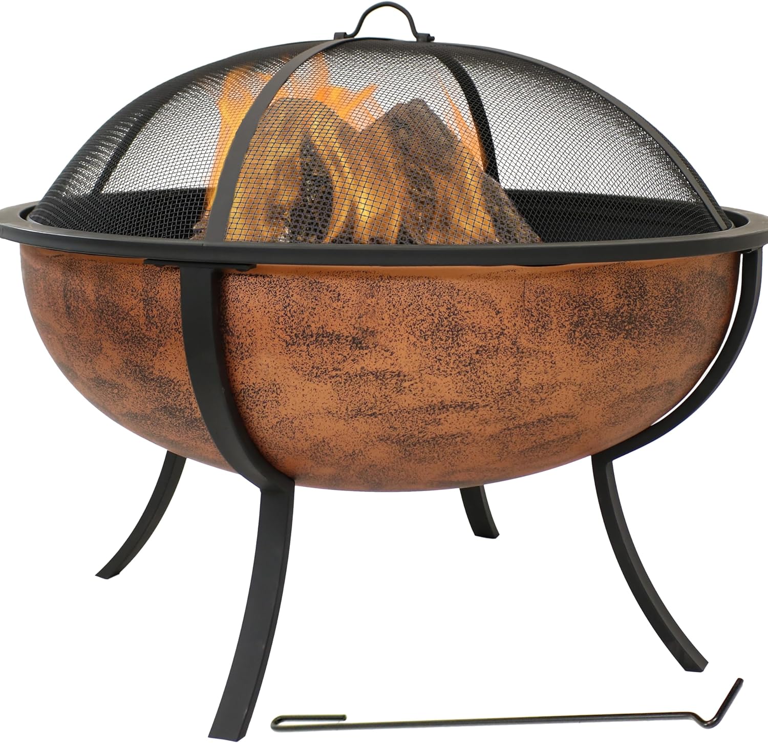 Sunnydaze 32-Inch Copper Fire Pit for Outside - Wood-Burning Fire Pit Bowl with Spark Screen, Wood Grate, and Poker