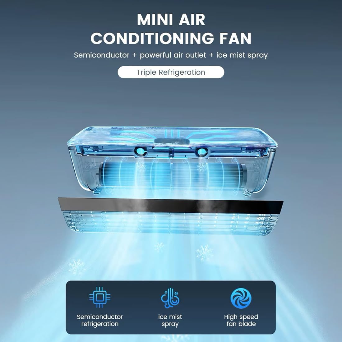 Portable Cooling Air Conditioning Fan, Wireless Charging Air Conditioner, No Drilling Kitchen Wall Airs Conditioner Fan, Wall Mounted Fans, Releases Ice Mist Particles, for Kitchen Bedroom (Black)