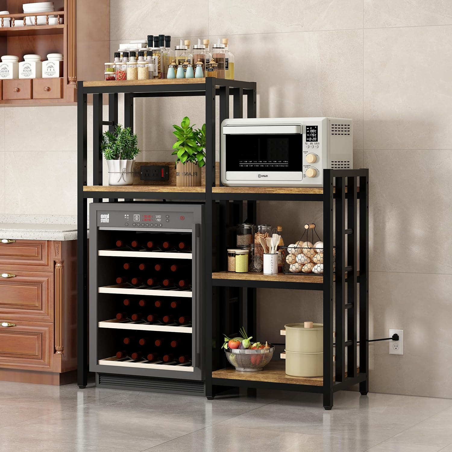 6-Tier Kitchen Baker's Rack with Power Outlet, Microwave Oven Stand with Storage Suitable for Kitchen Living Room Office Storage Shelf, Mini Fridge Stand Shelves for Spices, Pots and Pans. (Brown)