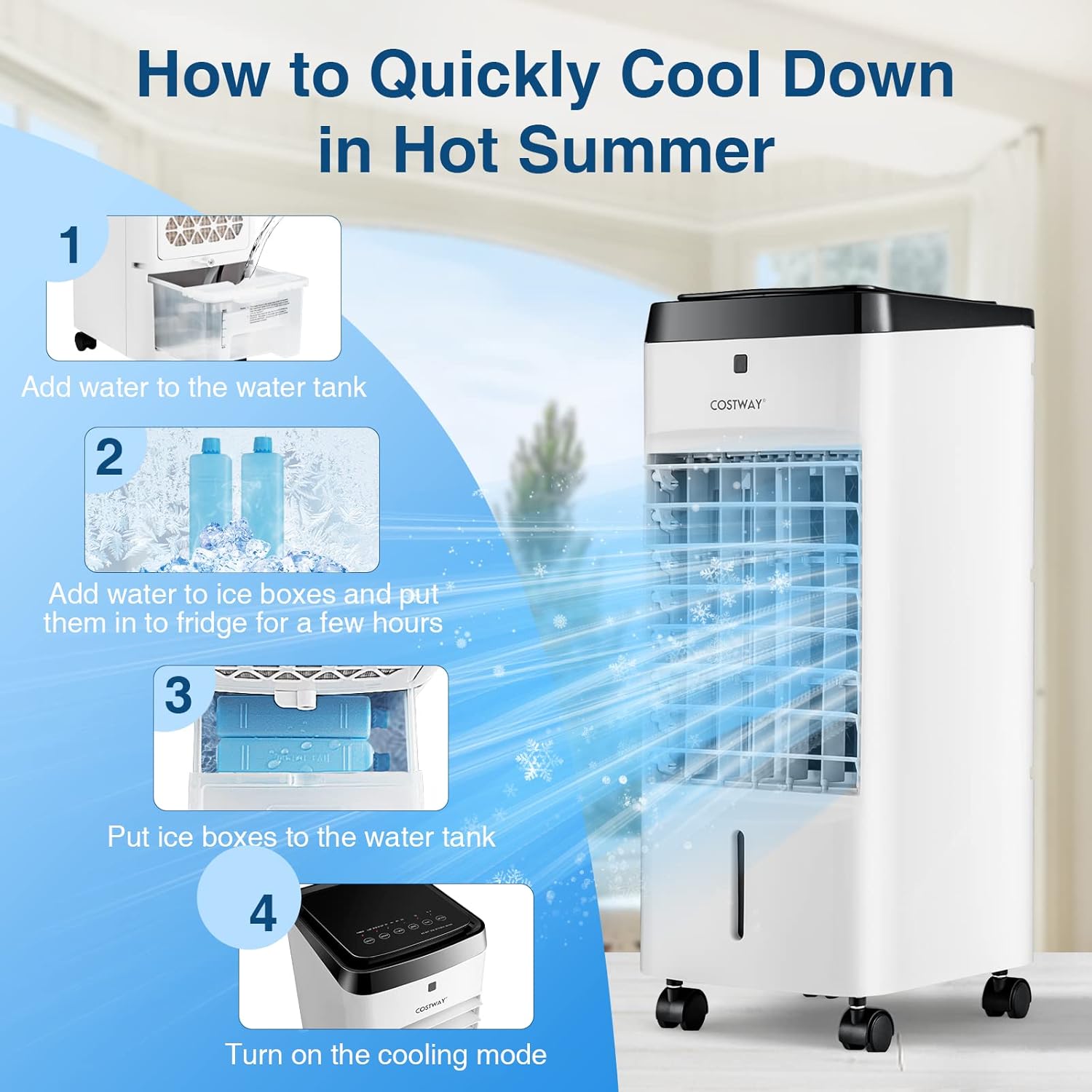 COSTWAY 3-in-1 Evaporative Air Cooler, Quiet Personal Swamp Cooler with Remote Control, 70° Oscillation, 12H Timer, 3 Speeds, 2 Ice Boxes, Portable Air Cooler Fan for Room Bedroom Home Office