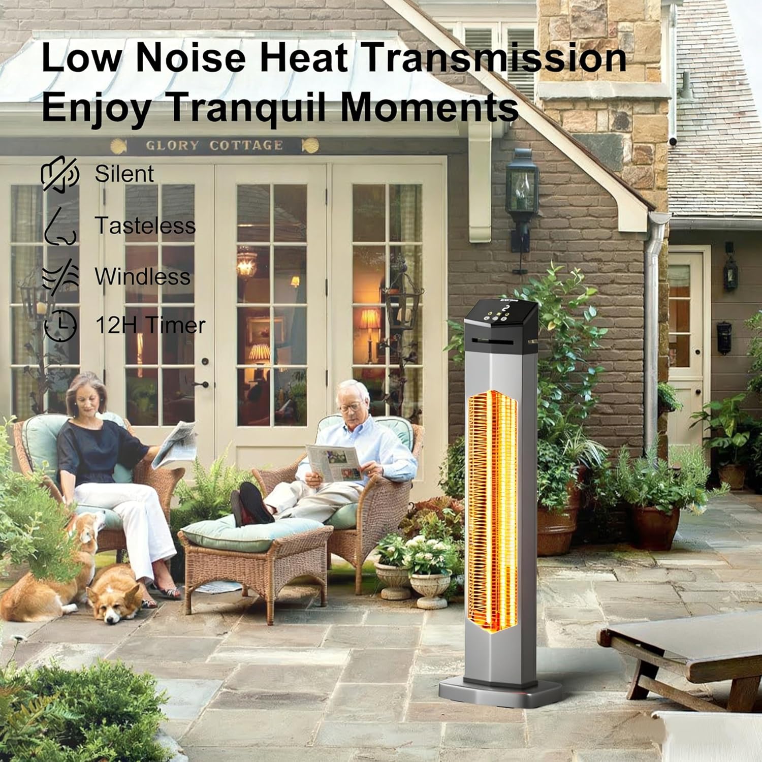 Outdoor Heaters for Patio,1500W Electric Infrared Radiant Heater with Remote,37” Portable Tower Space Heater with 12H Timer,Tip-over Protection for Garage,Porch,Indoor,Silver